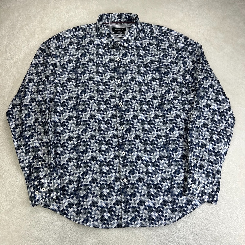 Bugatchi Button-Up Shirt Mens XL Blue Black Geometric Long Sleeve